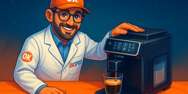 Marco testa una macchina da caffè automatica